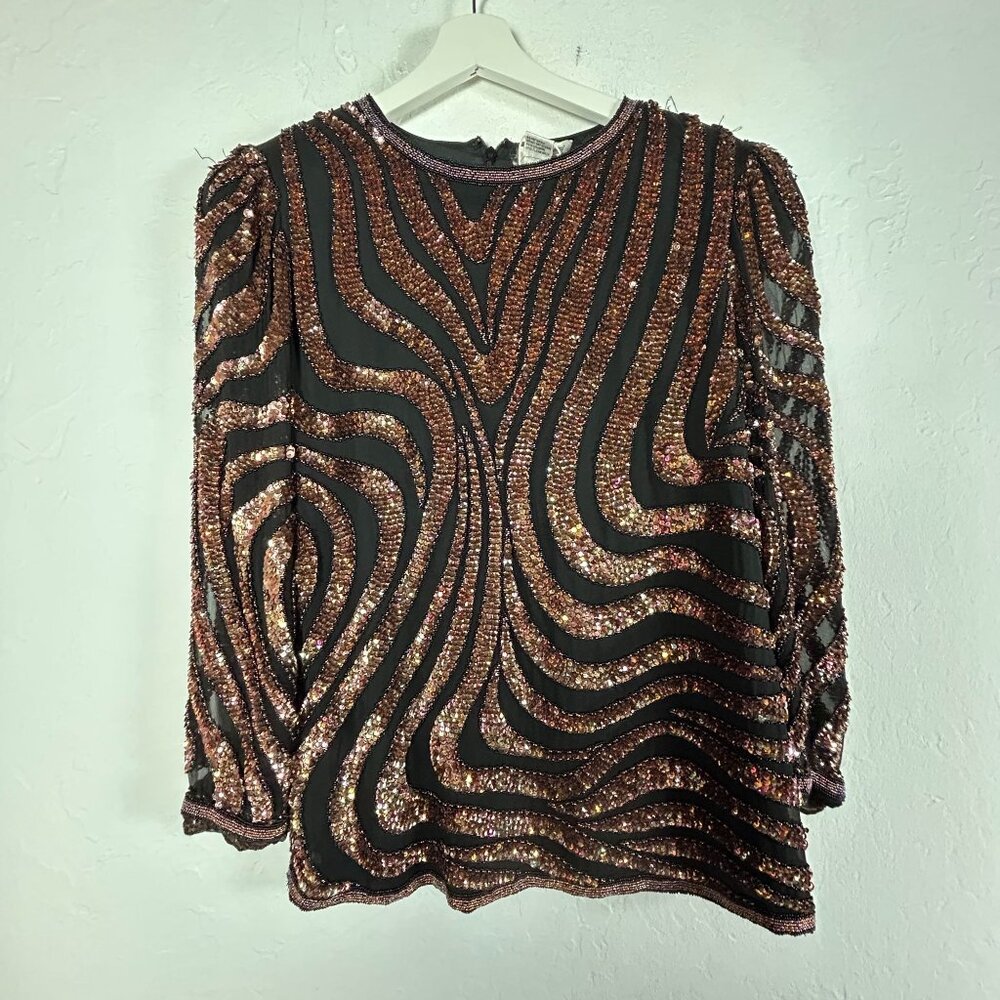Vintage Oleg Cassini Sequin Swirl Top Black Bronze Long Sleeve Glam Party Small